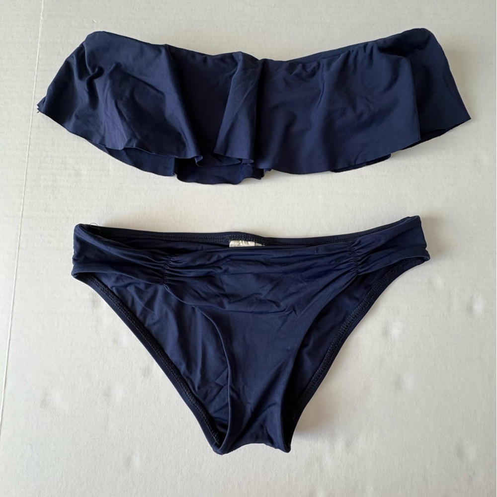 L*Space bikini flouncy top full cut bottom navy blue small full